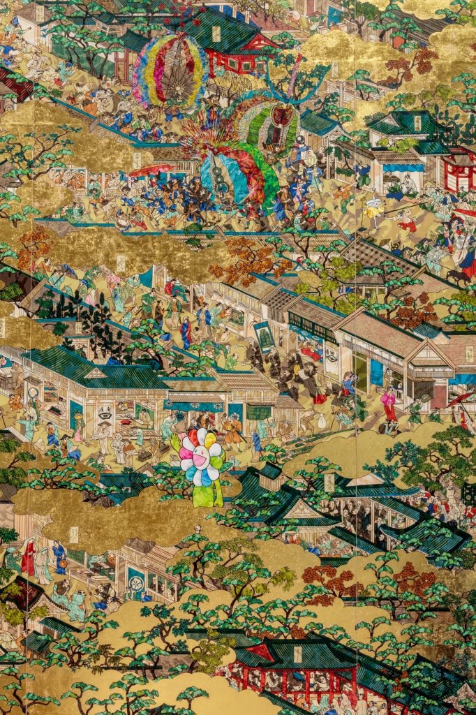 A colorful flower with a smiling face and green body planted in the middle of what looks like an ancient Japanese painting with lots of houses, people, trees and river