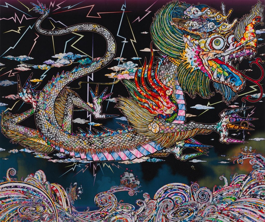 An anime looking painting of a colourful dragon on a dark backdrop