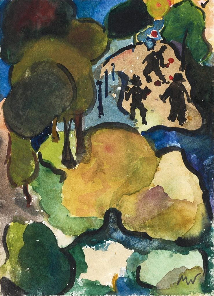 a colorful painting of a park scene seen from above, in which black inky figures can be seen beside leaffy trees on what appears to be a path winding through a park