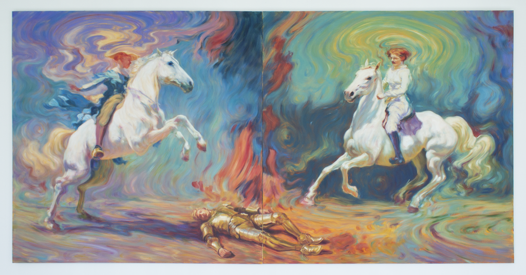 a diptych painting of two figures both on white horses on either side of the fallen figure of a knight with golden armor. the image is almost psychedelic with swirling and disorienting lines of color