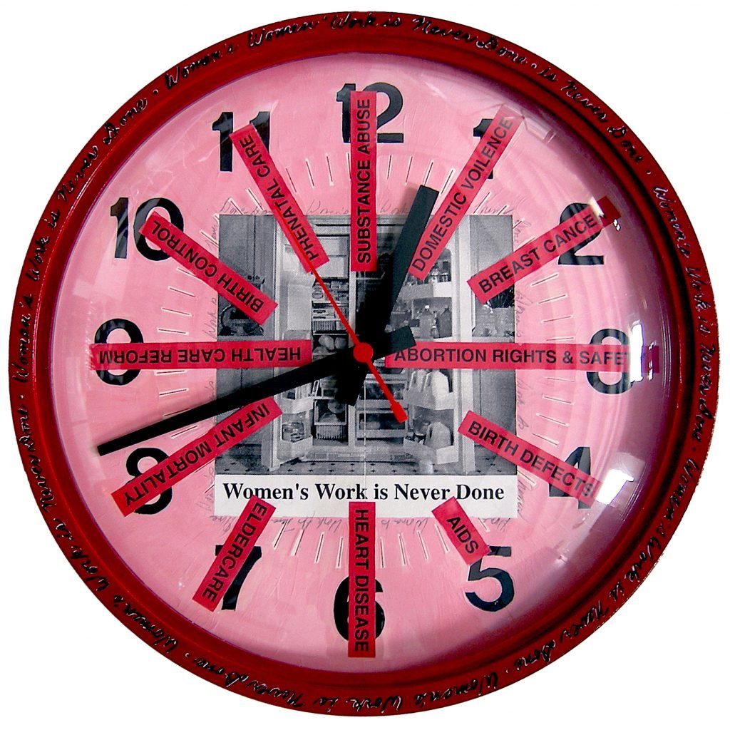 Mimi Smith, Woman's Work is Never Done, Health. A round pink wall clock with a black and white photo of an open full fridge on the dial with the name of the artwork below. Each hour has different words printed on it, like "abortion rights & safety" and "domestic voilence."