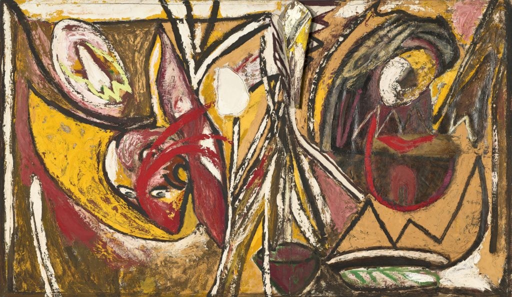 an abstract painting with sections of canvas interlocking in shades of being, tan, yellow, red, white, and thick black jagged lines cutting through