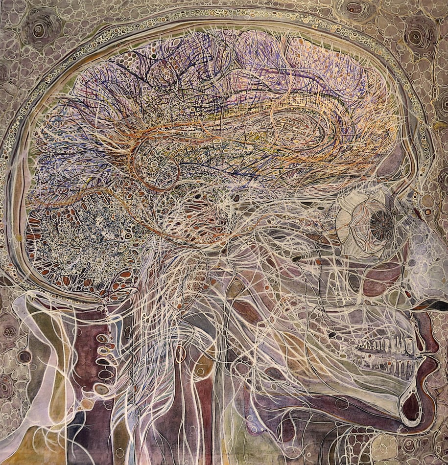 This is a surreal and intricately detailed artwork depicting a human head and brain. The image combines scientific and artistic elements, showing an anatomical profile of the head with a focus on the brain's complex neural networks. Fine lines, curves, and colorful organic shapes weave together to illustrate nerves, tissues, and thought pathways. The color palette includes soft purples, oranges, browns, and creams, giving the image a natural and layered appearance