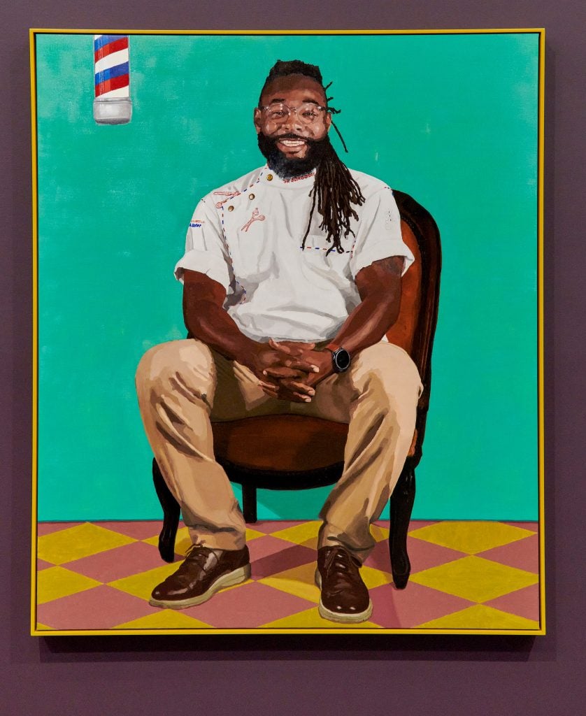 a painting of a barber with a green backgroundd