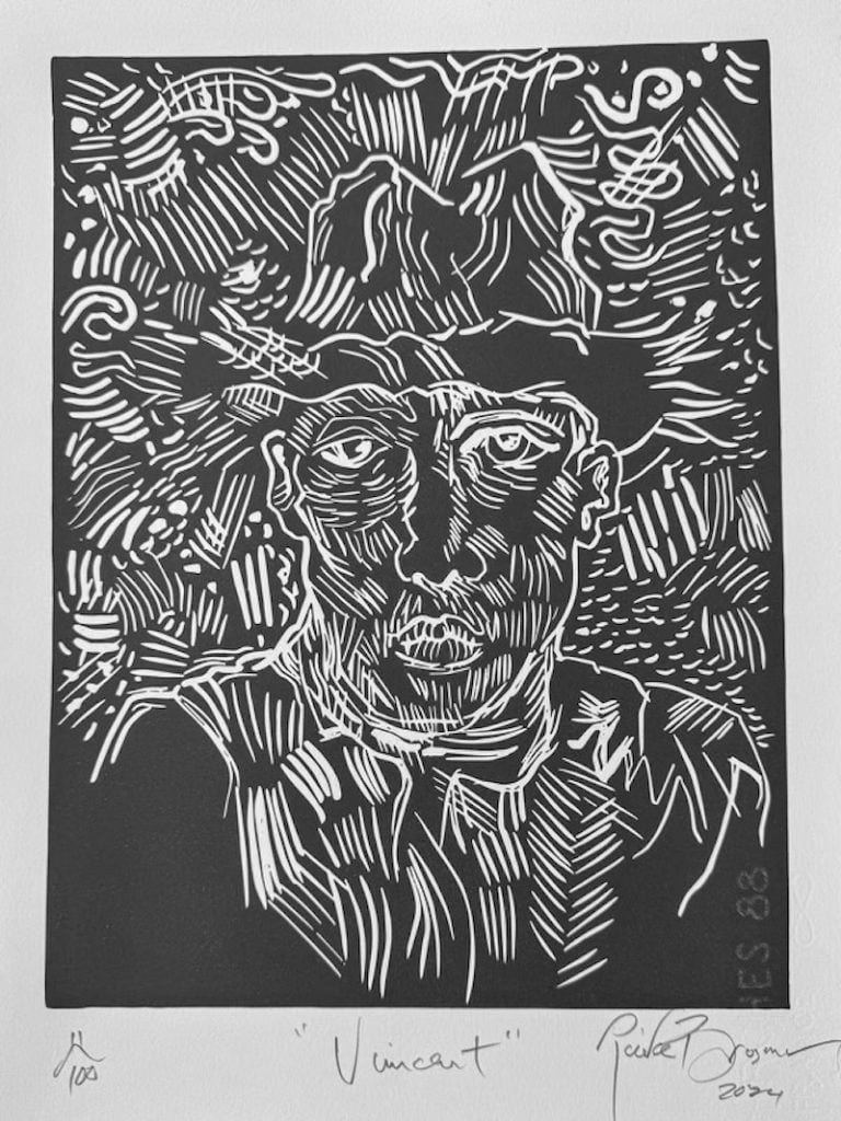 a black and white print depicting Vincent Van Gogh