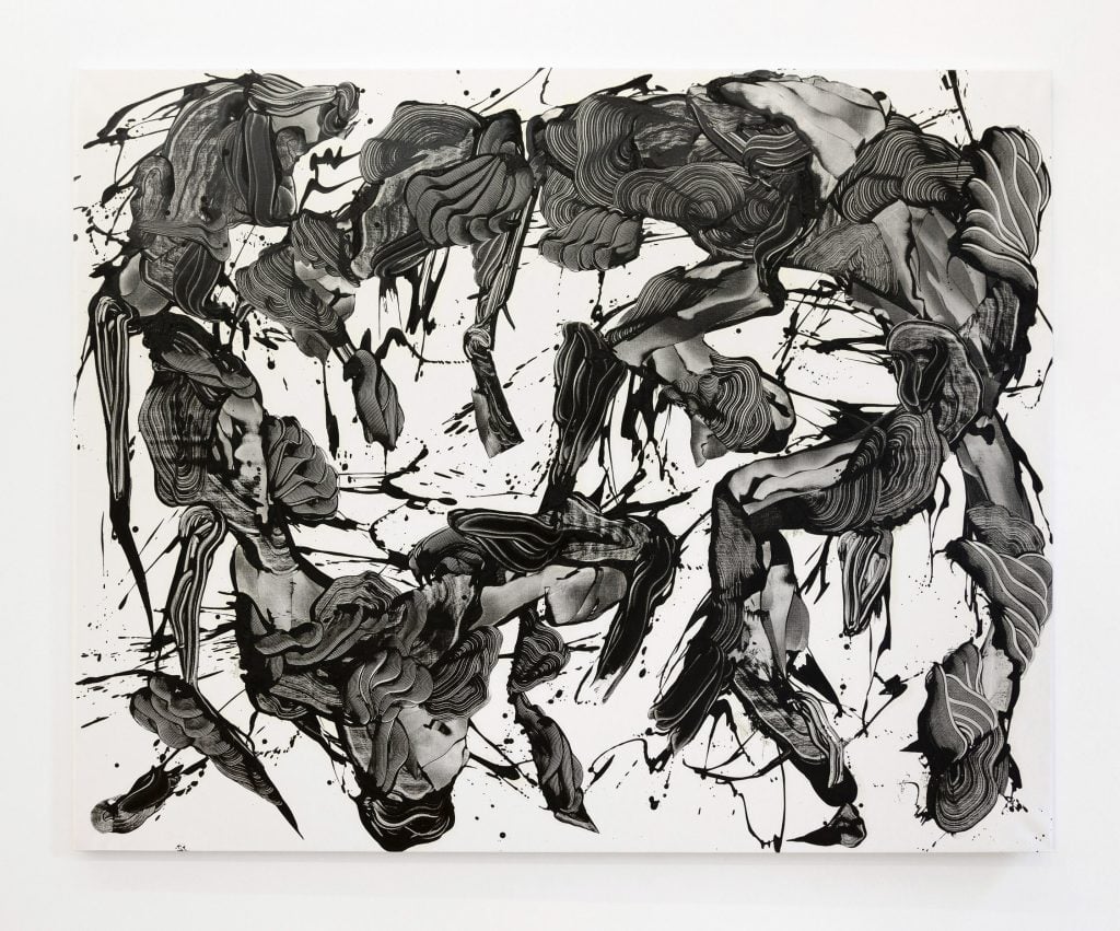 A painting of abstract ink looking brush strokes on a white backdrop.