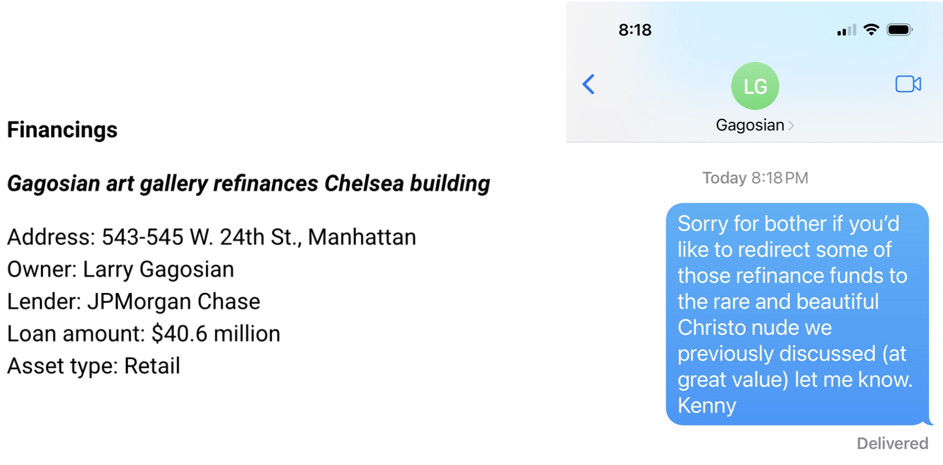 A text message asking about a painting purchase appears next to details of a property refinancing