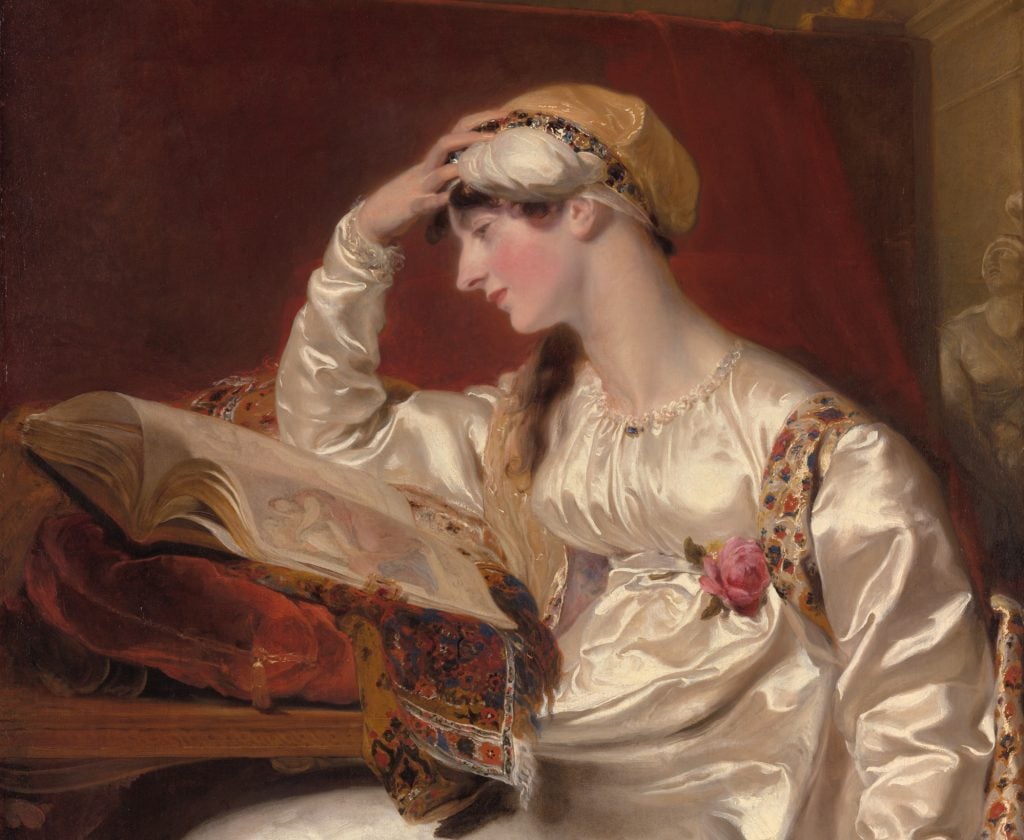 a painting in whicha woman in a ravishing whtie dress props her head up with one hand as she contemplates a hefty open book