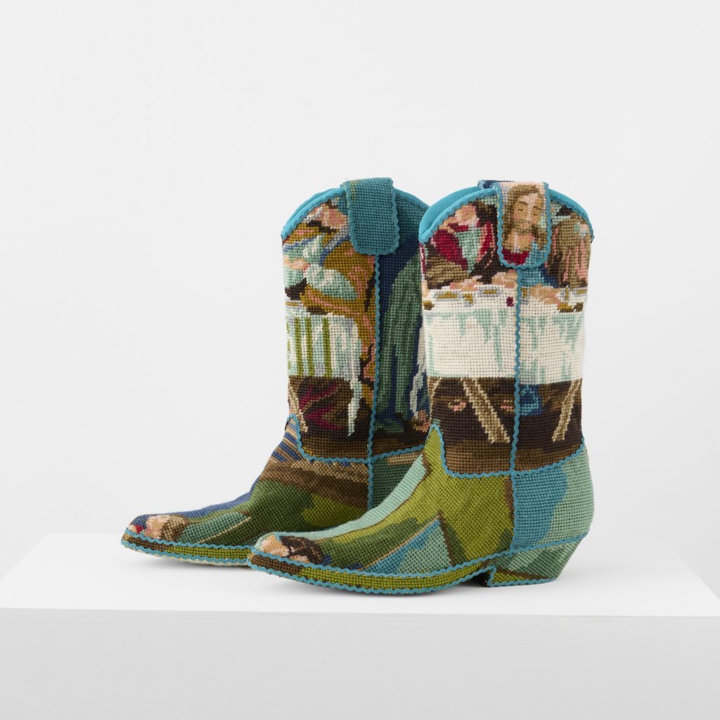 Ulla-Stina Wikander sculpture, "Western Boots," of cowboy boots covered in embroidery of the Last Supper. 