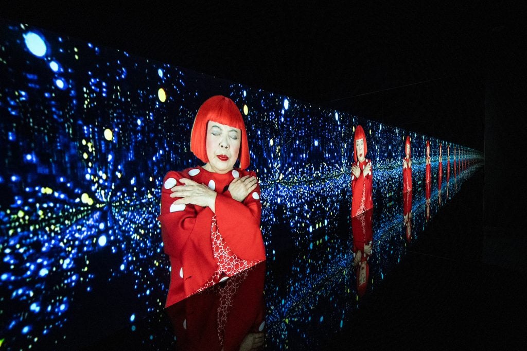 An image of a video projection by Japanese artist Yayoi Kusama in Tokyo on October 16, 2024.