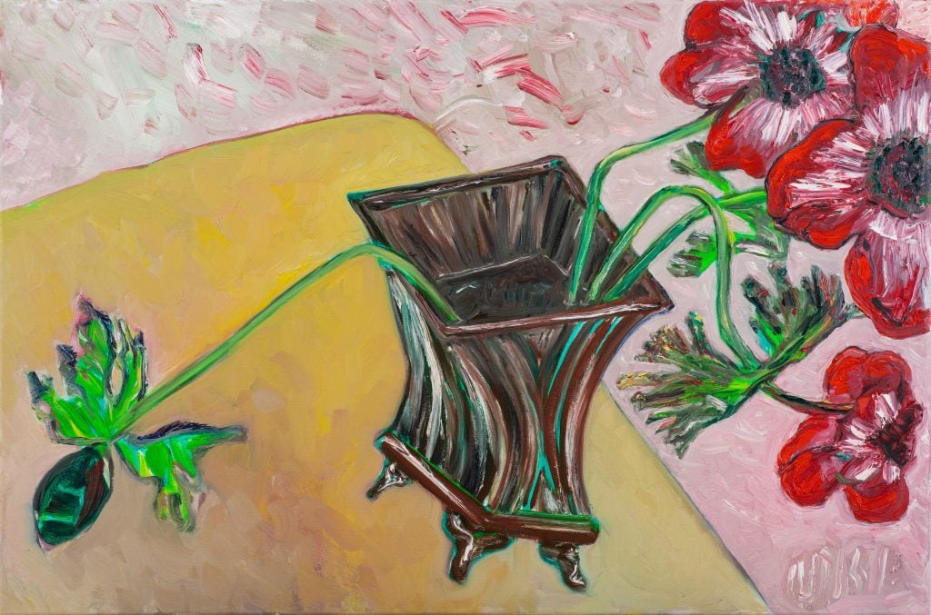 A painting of poppies in a vase