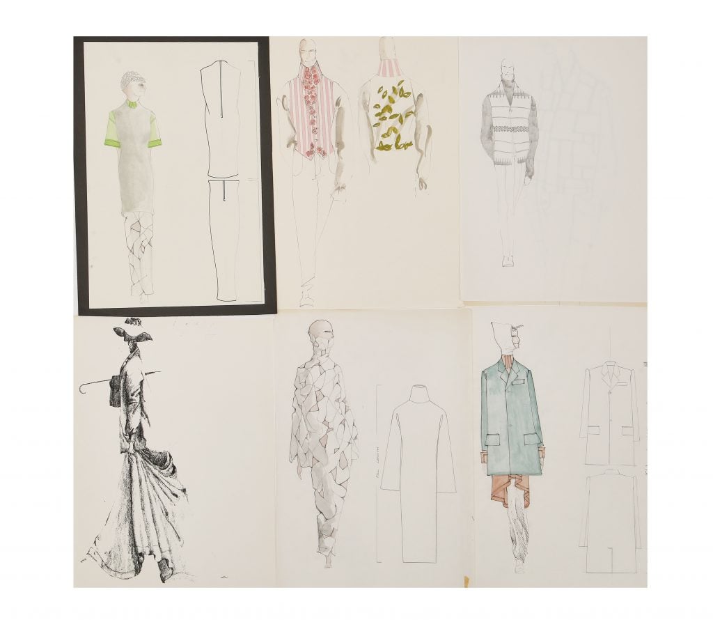 A photograph depicting three pages of a sketchbook all laid out on a white background, each featuring delicate fashion illustrations.