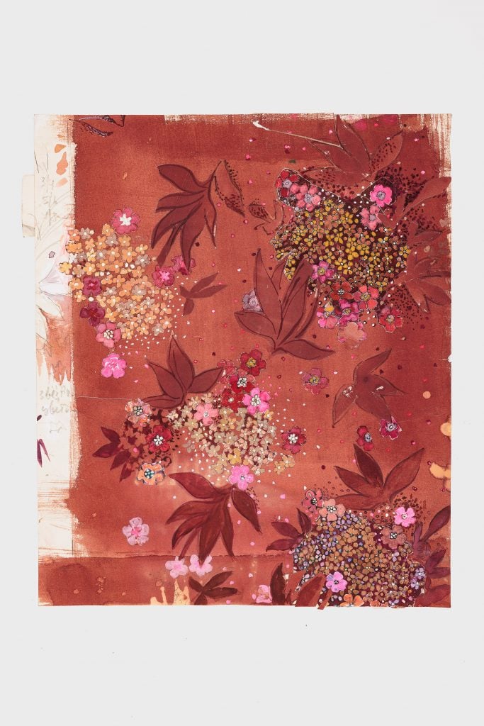 Mixed media on paper artwork by Anna Andreeva in shades of red of outlines of star-shaped flowers and Japanese maple leaves.