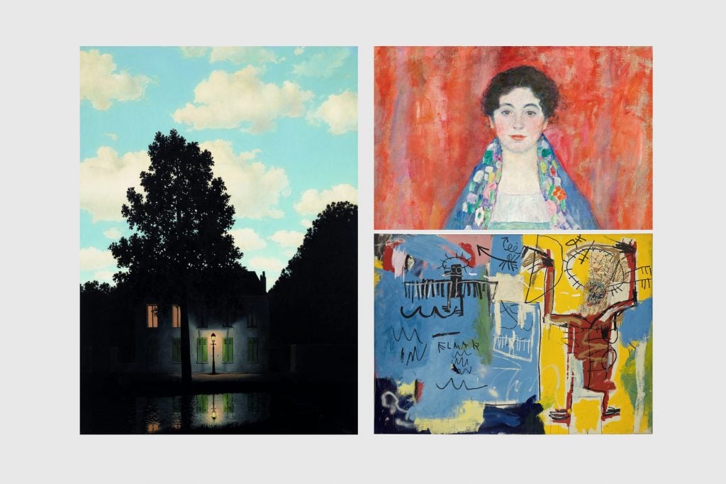 Clockwise from left: Rene Magritte, L'empire des Lumières (1954); Gustav Klimt, Portrait of Fräulein Lieser (1917); Jean-Michel Basquiat, Untitled (ELMAR) (1982)