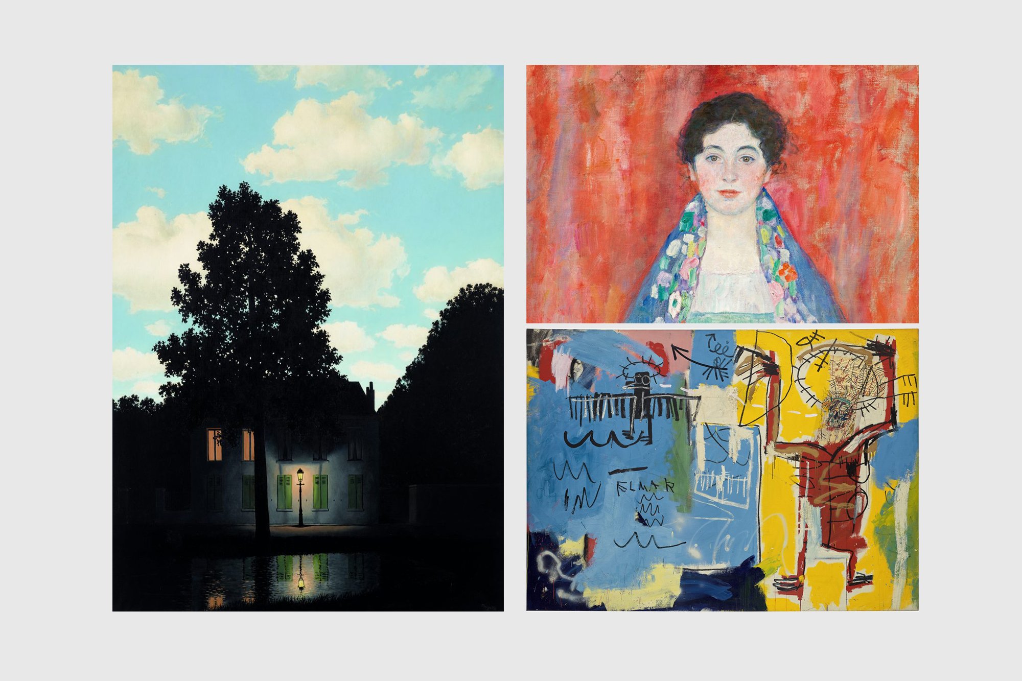 Clockwise from left: Rene Magritte, L'empire des Lumières (1954); Gustav Klimt, Portrait of Fräulein Lieser (1917); Jean-Michel Basquiat, Untitled (ELMAR) (1982)