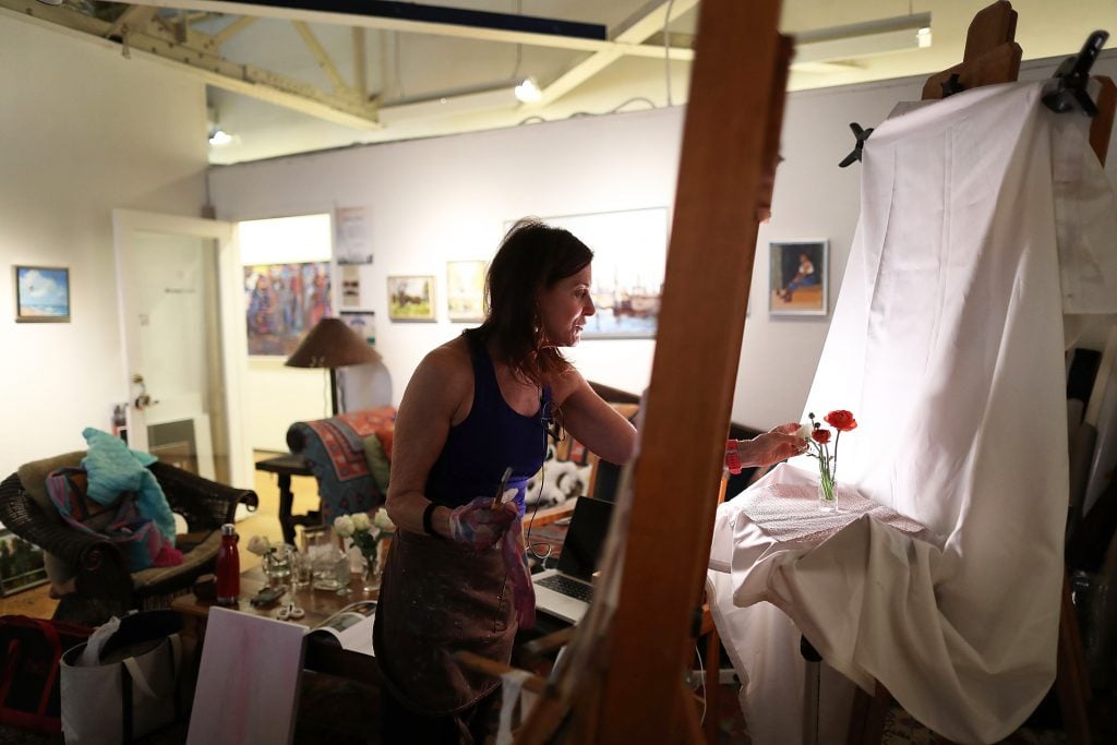 Monique Lazard works in her studio space at the Bakehouse Art Complex on March 16, 2017 in Miami, Florida. 