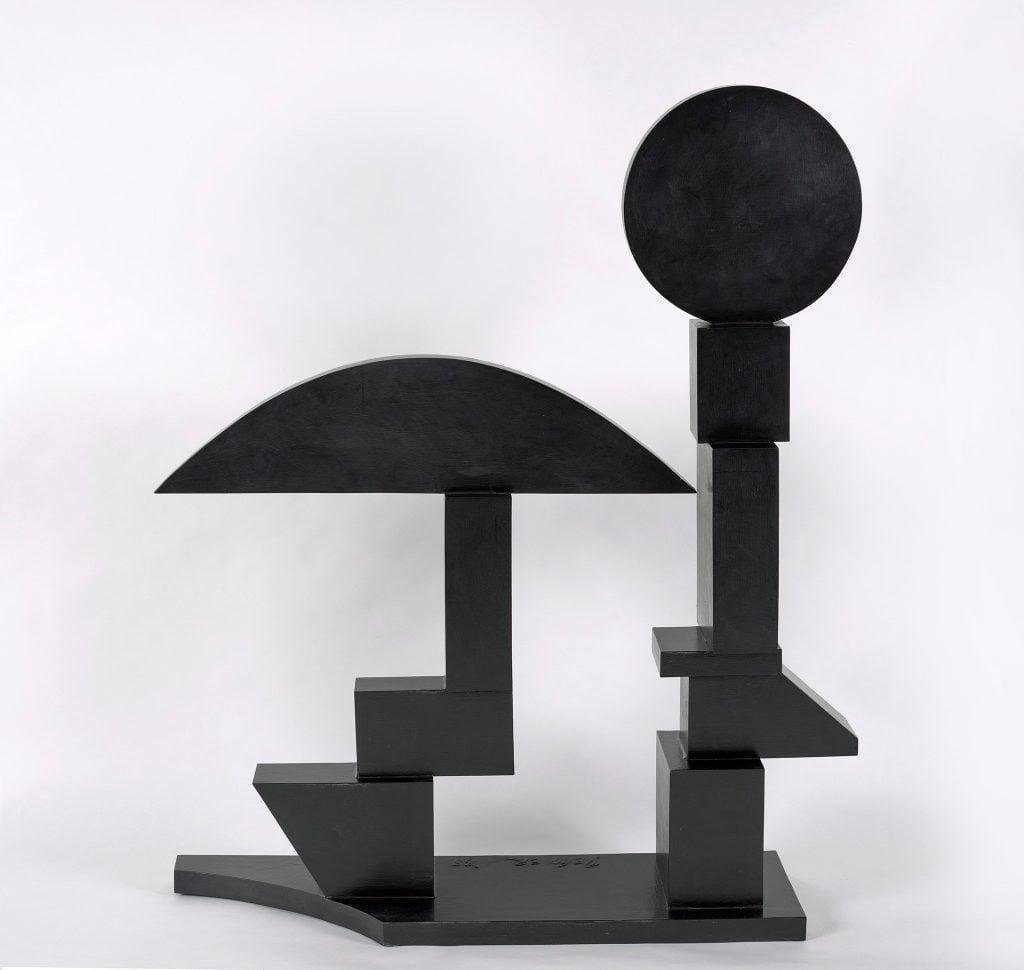 Metal black geometric sculpture by Dorothy Dehner shown by Berry Campbell Gallery at Miami Art Week.