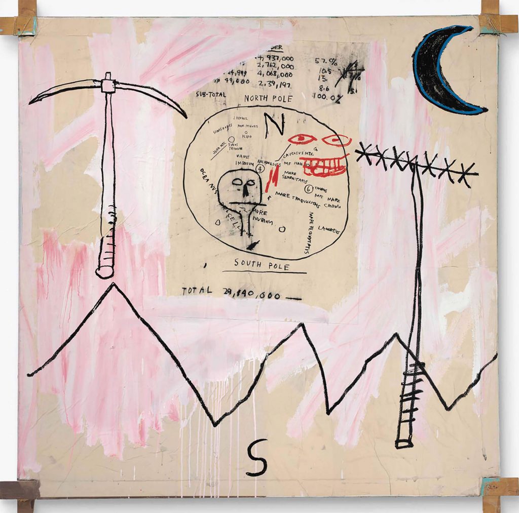 An abstract painting by Basquiat showing a rudimentary mountain range bracketed by a sickle and telephone pole, with a crescent moon hanging overhead