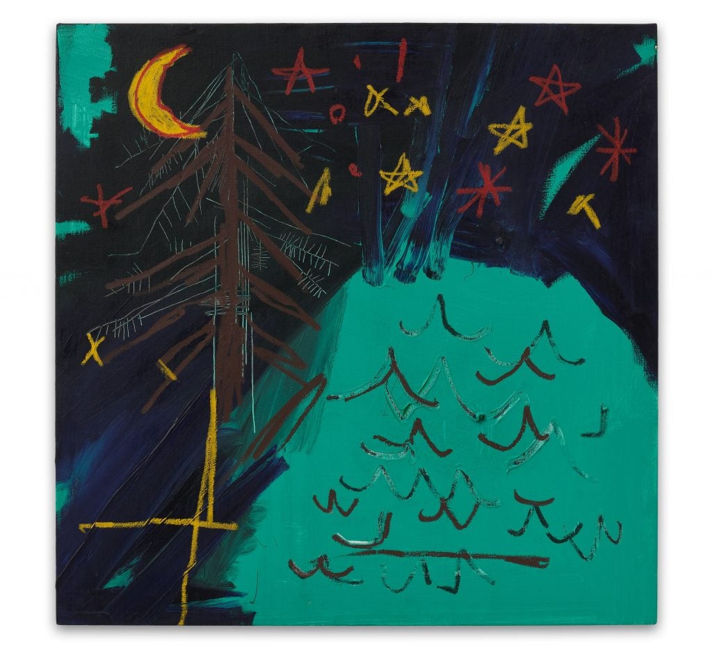 A photograph of a painting depicting a teal lake in a forest beneath the moon, in the signature style of Basquiat.