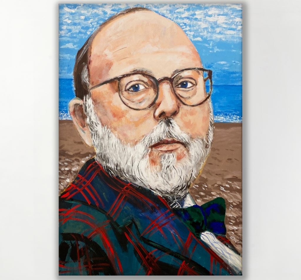 a painted portrait of middle aged man with a grey beard wearing glasses