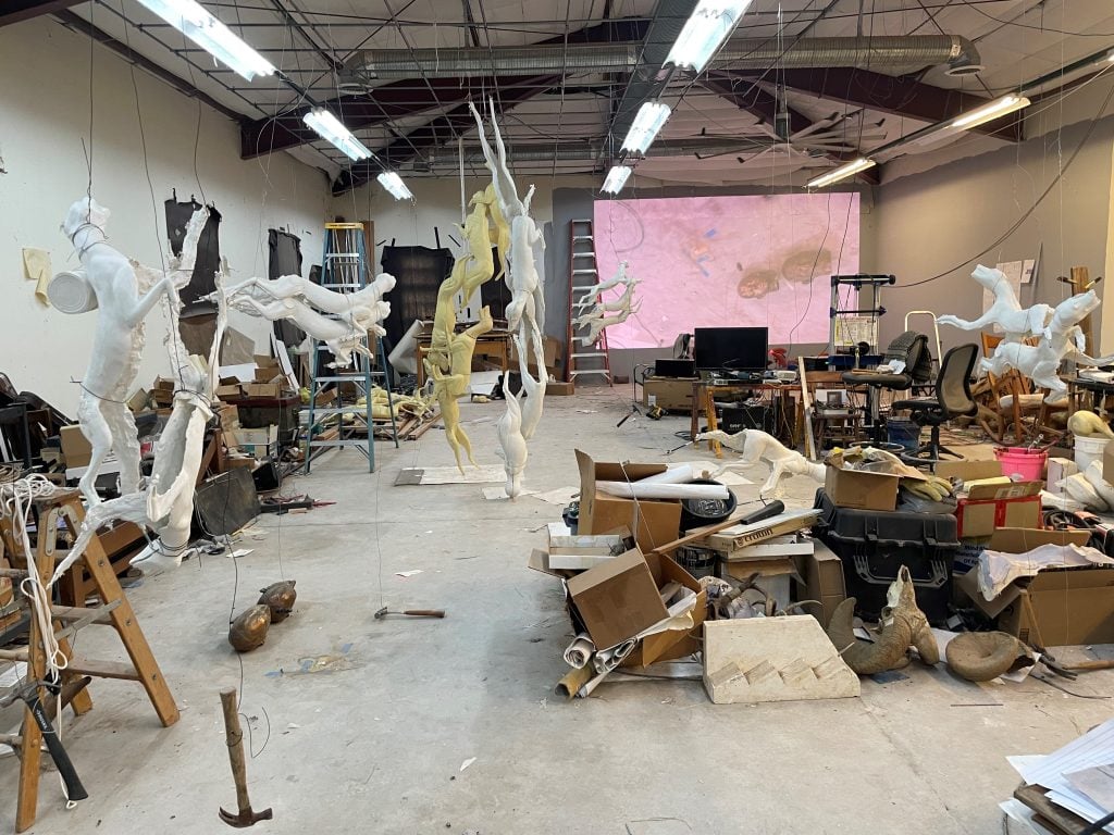 Artist Bruce Nauman's messy studio, with numerous sculptures made from taxidermy forms