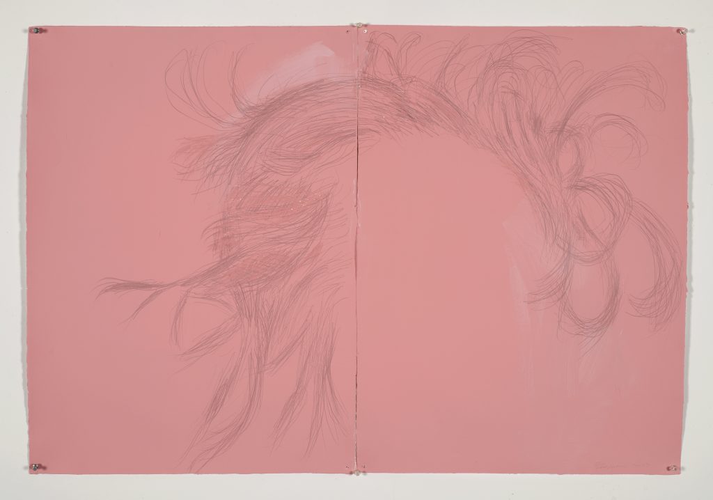 A drawing on pink paper showing hair framing an absent human face