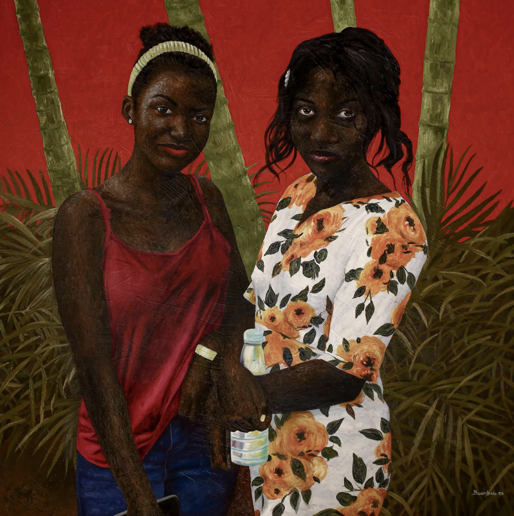 An image of a painting depicting two stylish young Black women embracing each other in a green outdoor setting with a deep red sky.