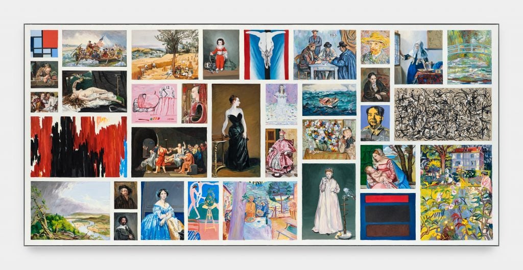 Large-scale painting by Cynthia Daignault comprised of more than a dozen vignettes of various sizes that are each a copy of a 19th century painting.