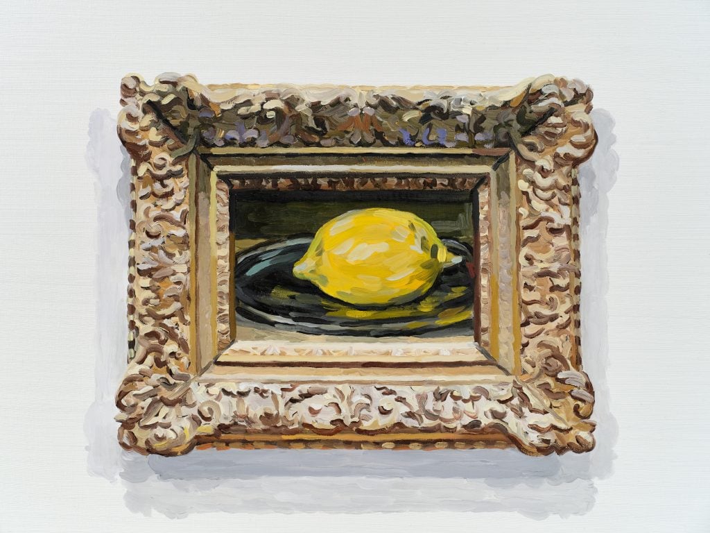 Small painting by Cynthia Daignault of a painting of a lemon in an ornate gold frame.