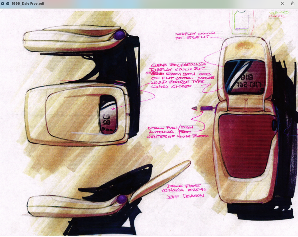 Sketches of a vintage Nokia flip phone surrounded by commentary on its design.