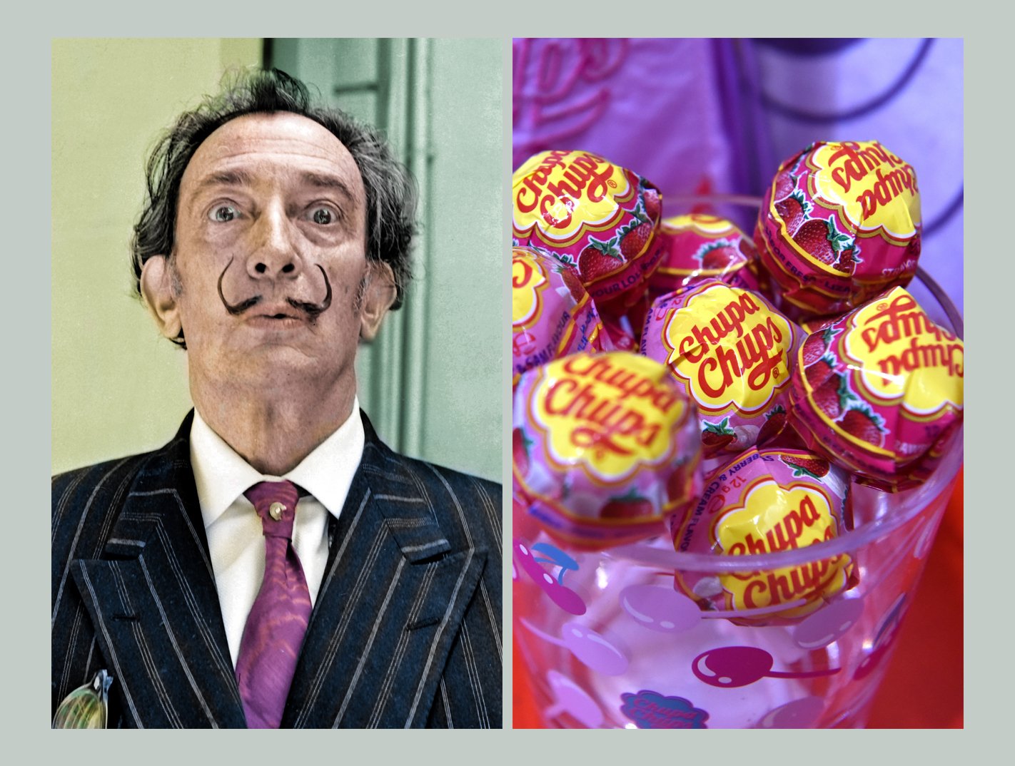 Left is an image of Salvador Dalí in 1966. Right is an image of Chupa Chups lollipops.