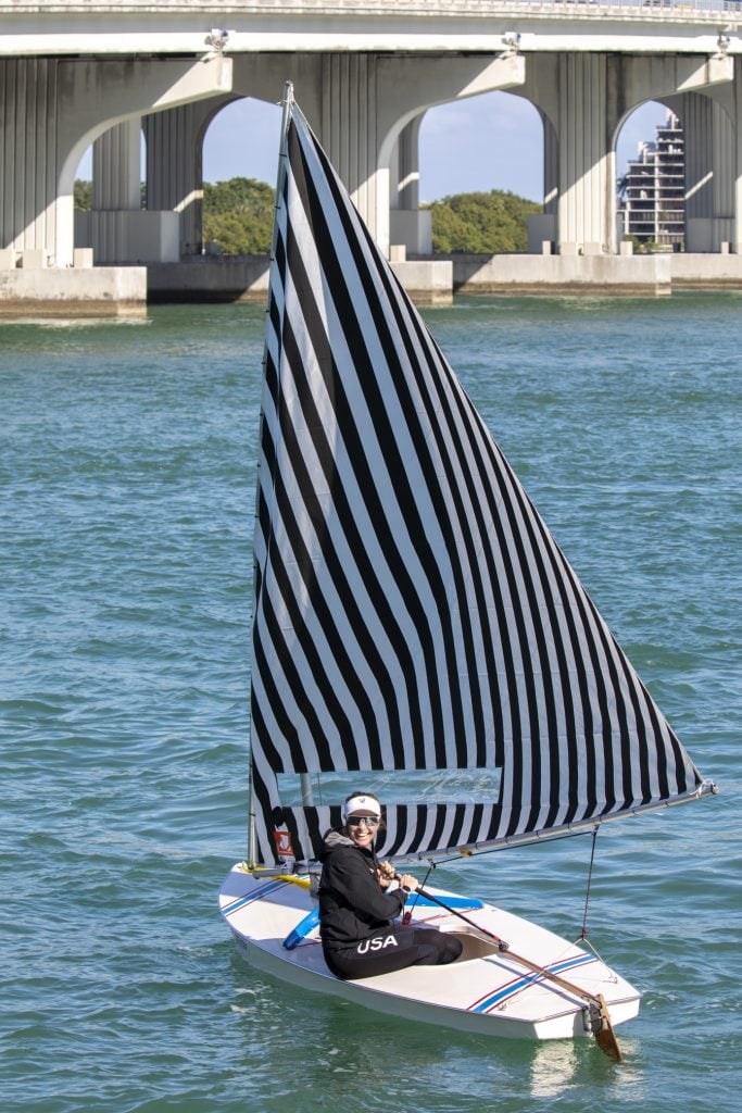 Daniel Buren, Voile/Toile–Toile/Voile (Sail/Canvas–Canvas/Sail). A Sunfish sailboat with striped sails race in a regatta on Miami's Biscayne Bay.