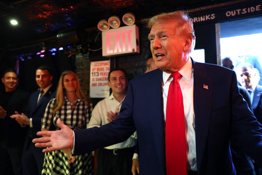 Then-presidential candidate Donald Trump visits a cryptocurrency-themed New York bar