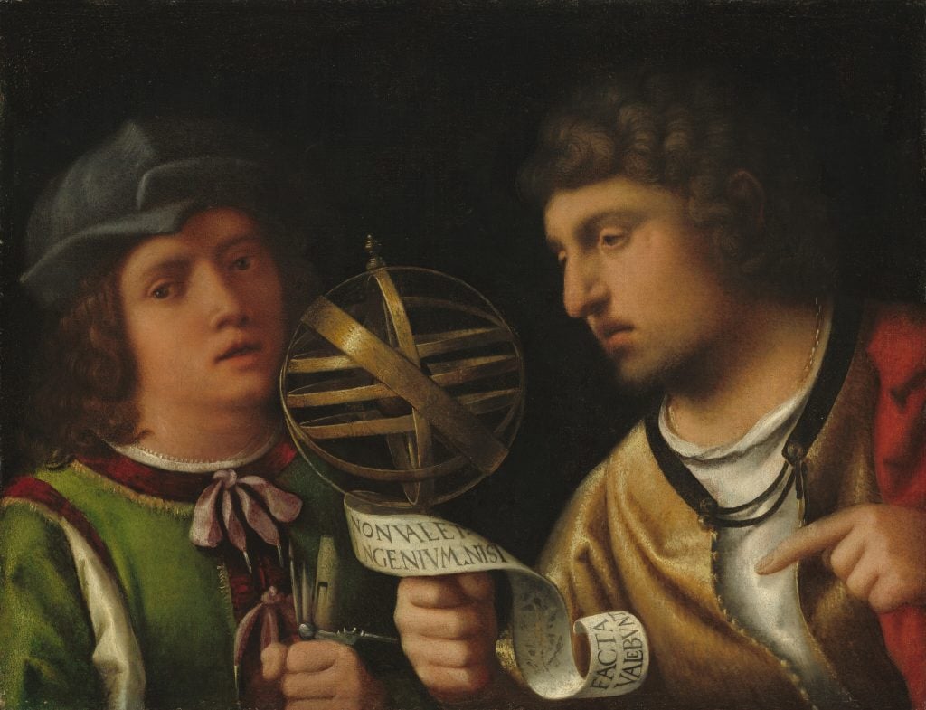 Two figures in Renaissance attire examine an armillary sphere, symbolizing astronomy and knowledge, with thoughtful expressions.