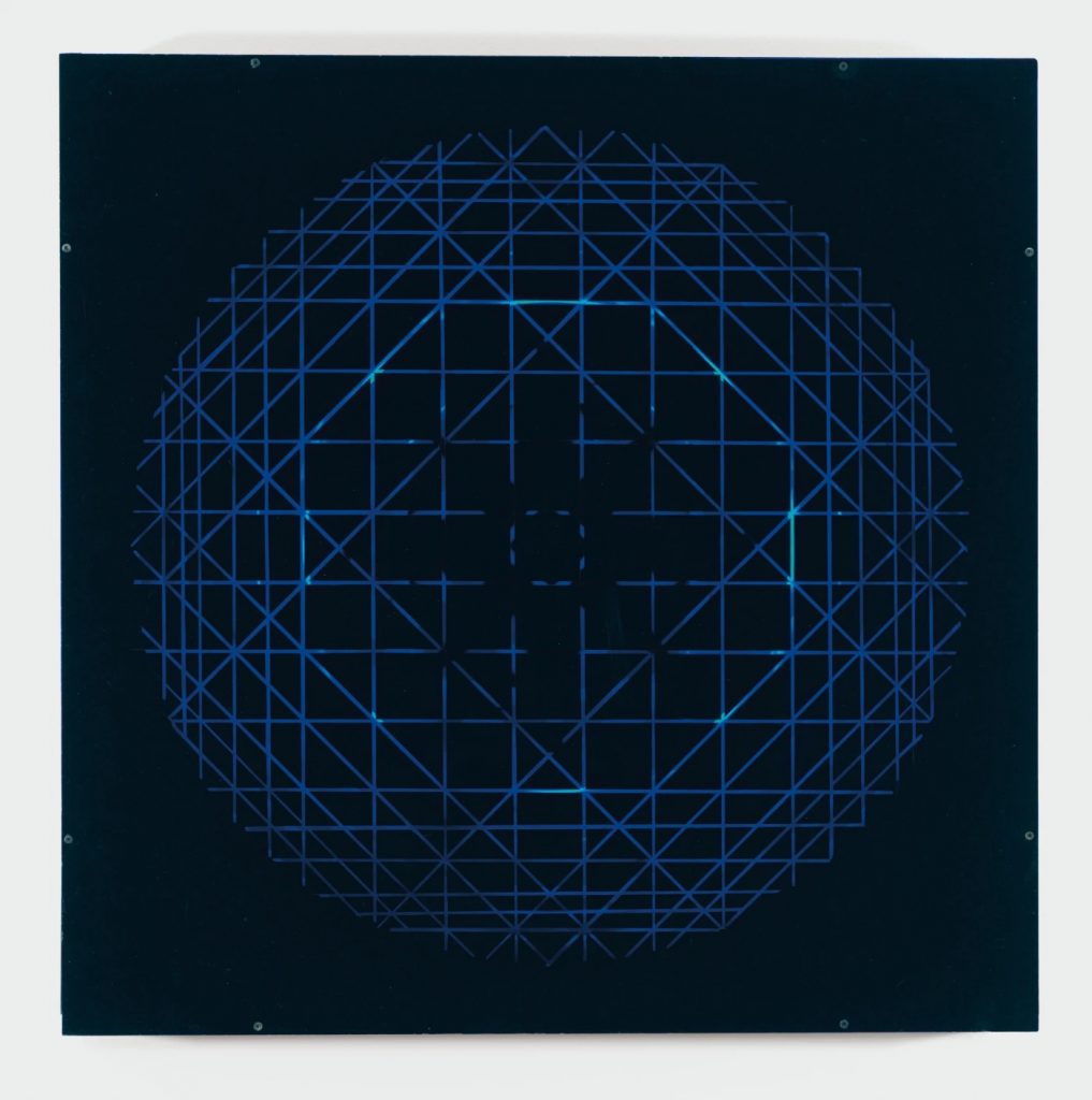 Abstract geometric artwork featuring a glowing blue spherical grid pattern on a dark background, creating an intricate lattice effect with symmetrical lines.