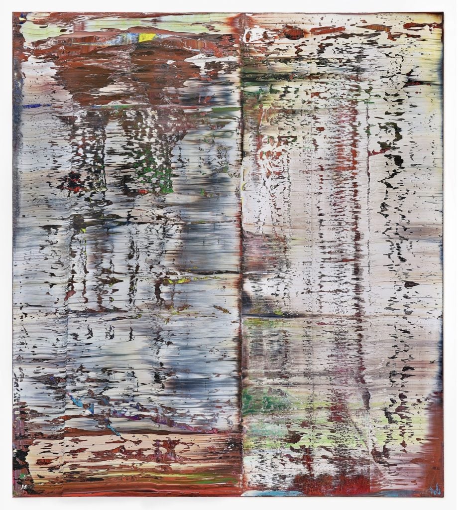 an abstract painting featuring layered, textured brushstrokes. The composition is divided into two vertical sections, with dynamic and irregular patterns of scraped paint revealing a mix of earthy tones like brown, white, red, and green, interspersed with hints of vibrant color.