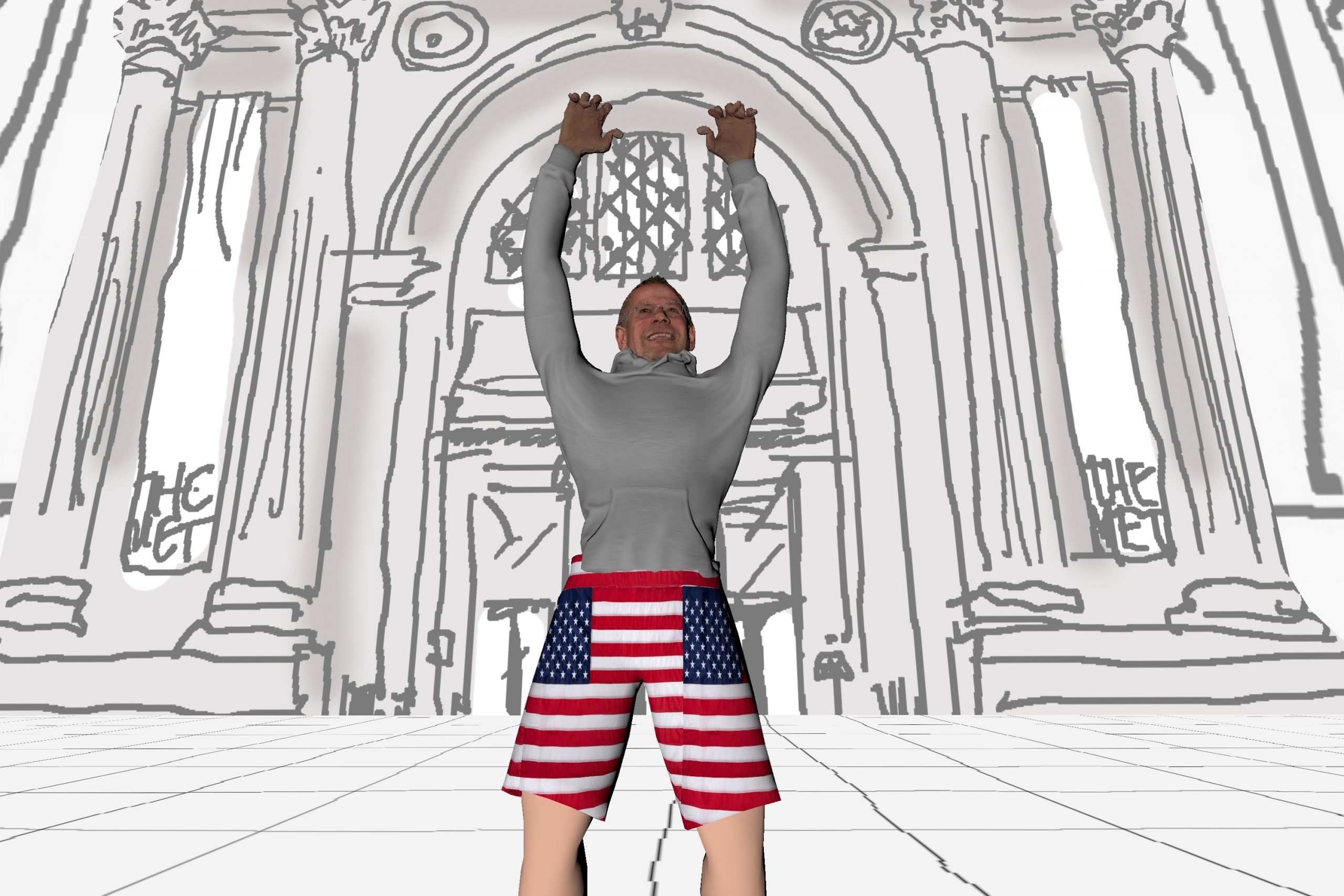 A cartoon image shows a man in American-flag pants in front of a black-and-white drawing of a museum