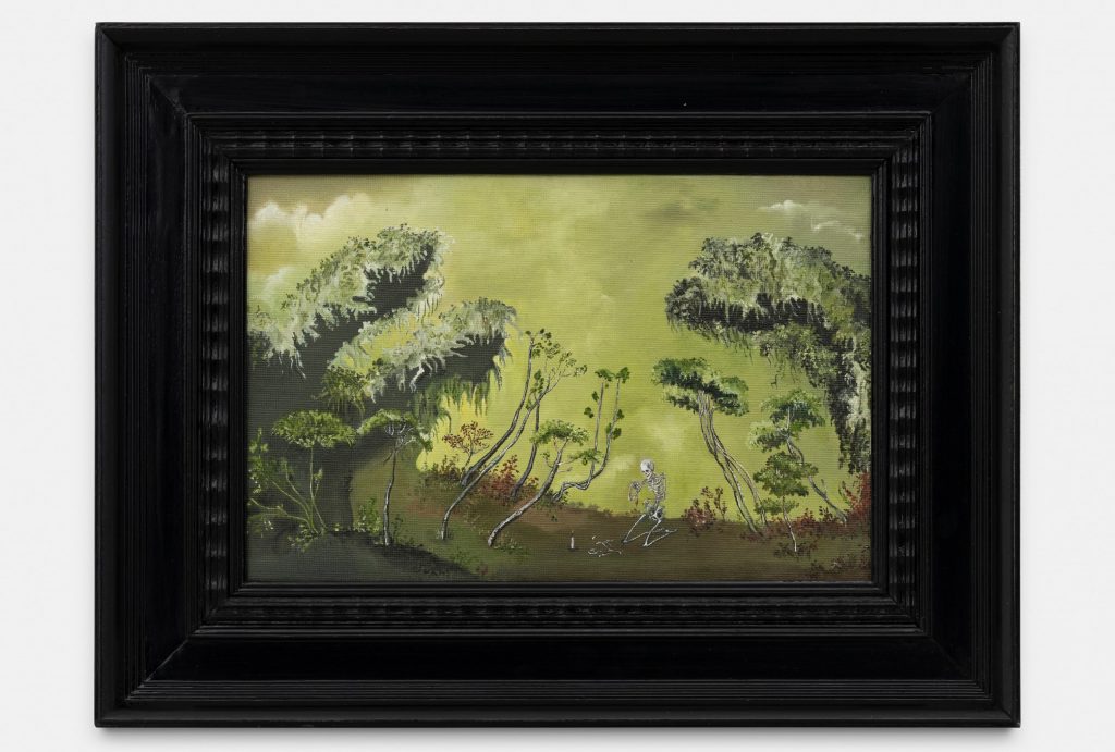 a green pastoral scene has a skeleton praying on the ground in a painting 