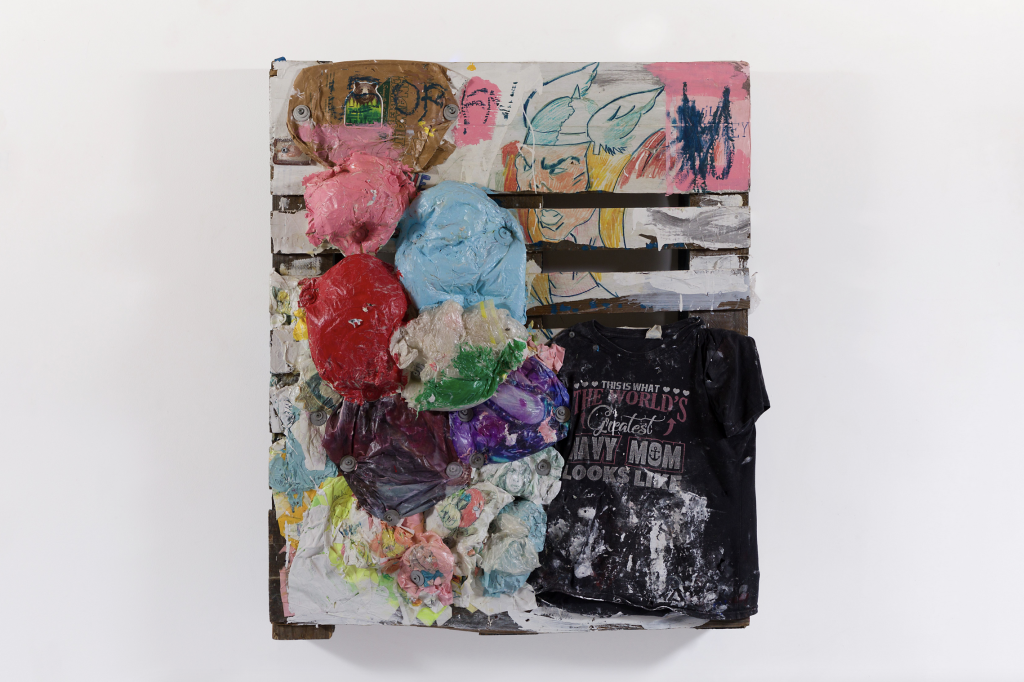 A photograph depicting a rectangular, wallhanging work of art by James Franco featuring collaged balloons, paint, and a tshirt imprinted with the piece's title.