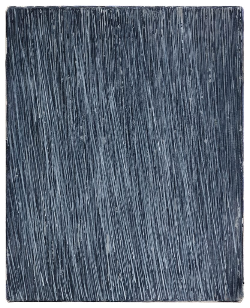 Dark ground covered in white thin lines like rain falling by artist Ji Dachun.