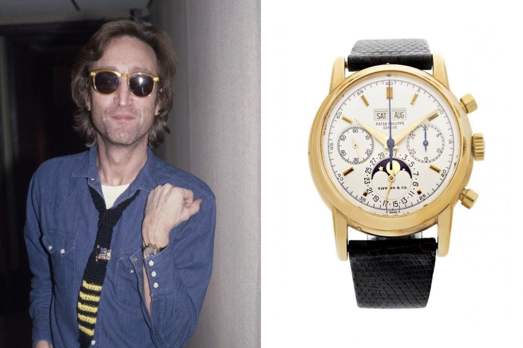 An image of John Lennon, left, wearing his Patek Philippe, right at The Hit Factory in New York City, October 1980.