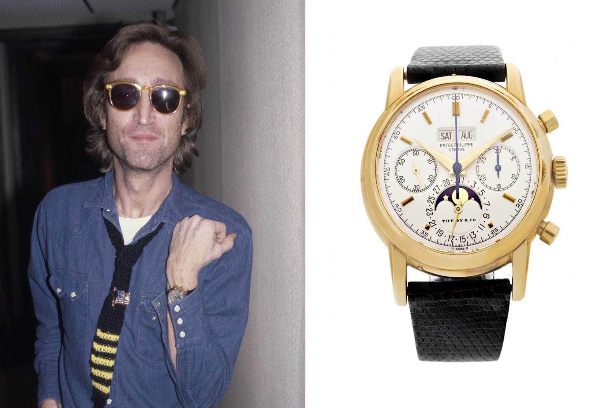 An image of John Lennon, left, wearing his Patek Philippe, right at The Hit Factory in New York City, October 1980.