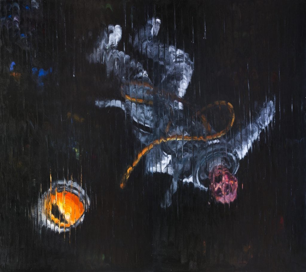 Painting by José Capaz showing an astronaut floating in space but the image is blurred by regular vertical streaks.