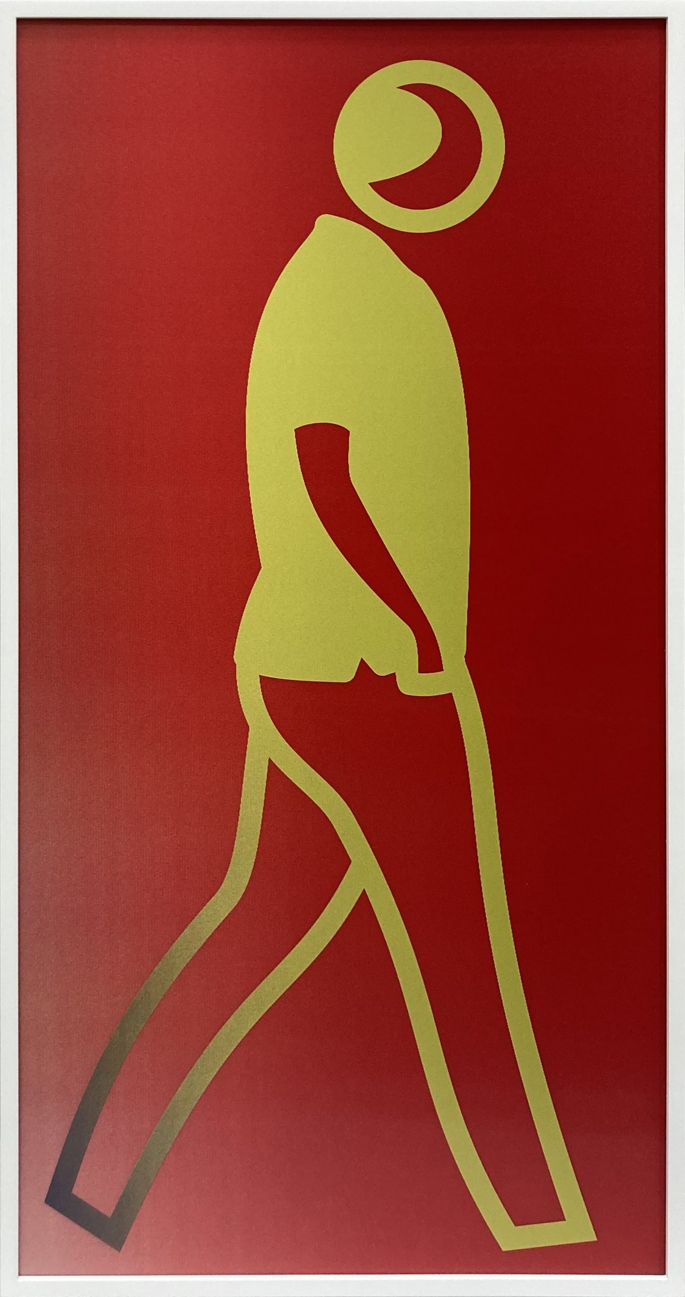 Color changing lentiular panel by British artist Julian Opie of a man's outline in gold and in profile walking to the viewer's right against a field of red.