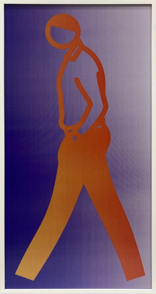 Color changing lentiular panel by British artist Julian Opie of a man in orange outline walking against a field of purple.