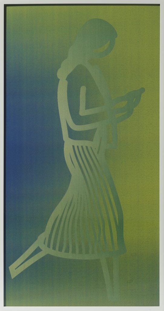 Color changing lentiular panel by British artist Julian Opie of a woman walking in outline profile with a striped skirt looking down at something in her hands.