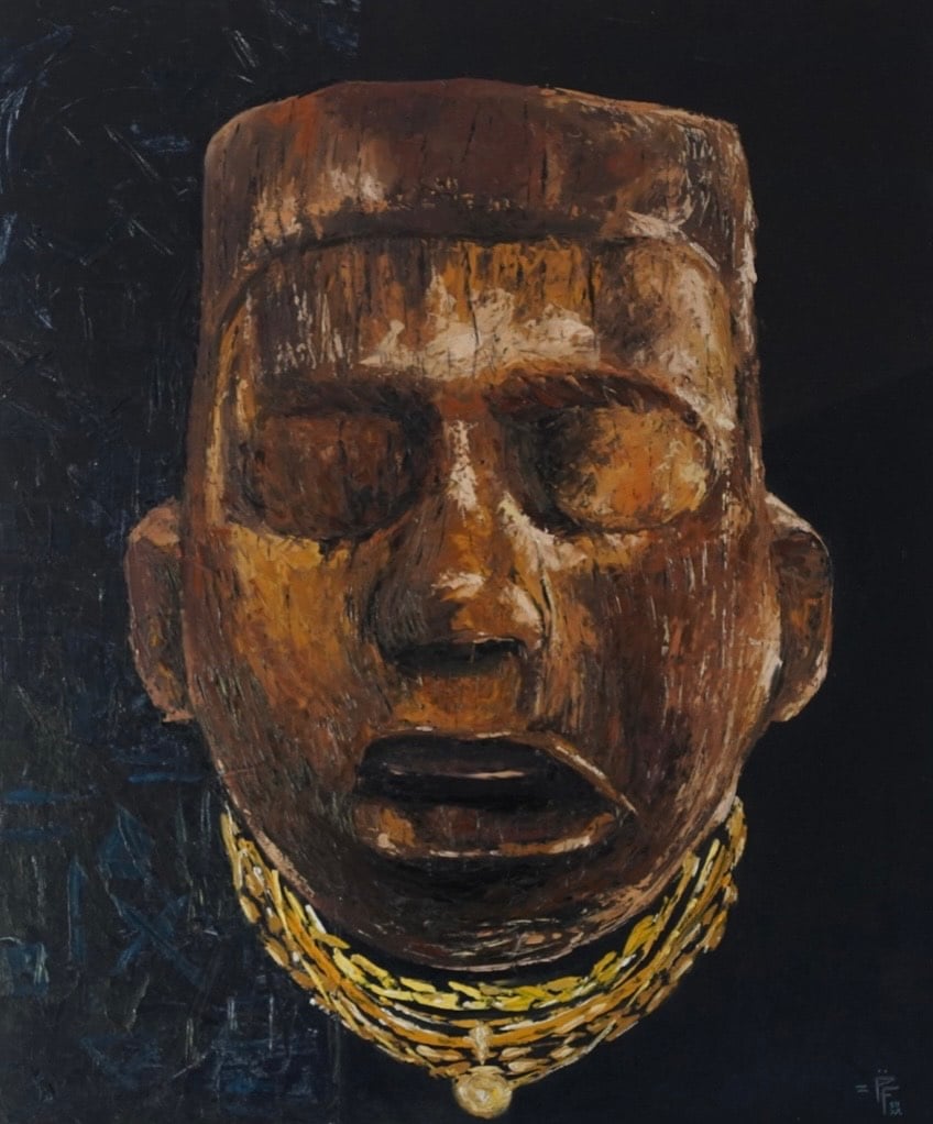 An oil painting on masonite of a black man with gold chains around his necks and his eyes closed against a black background