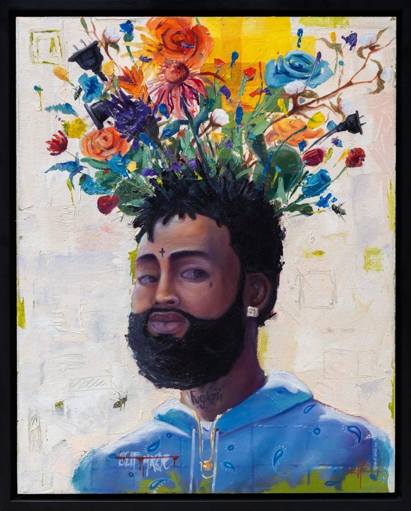 An acrylic painting on canvas of a black man wearing a blue hoodie and an earring in his left year with colorful flowers seeming to grow from his head.