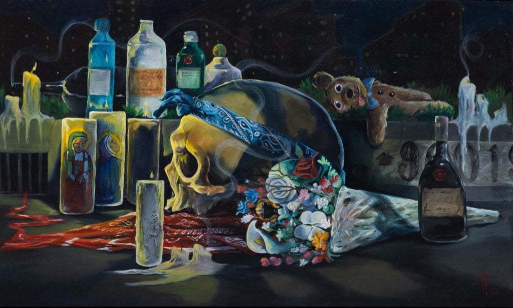 A still life painting of a human skull with a bandana and flowers, surrounded by candles, liquor bottles, and a teddy bear.