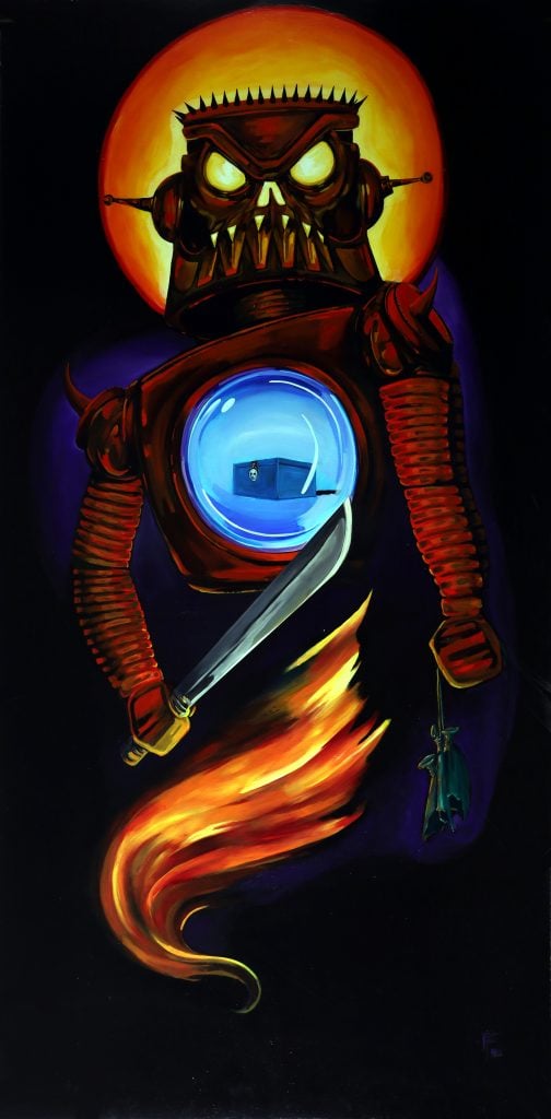 A painting of a menacing robot with a glowing red head and a menacing expression. It holds a machete in its right hand and a small object in its left.